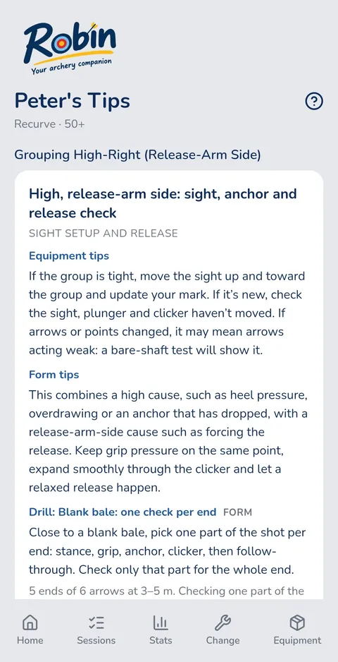 Tips screen with advice for grouping high and to the right, and a drill